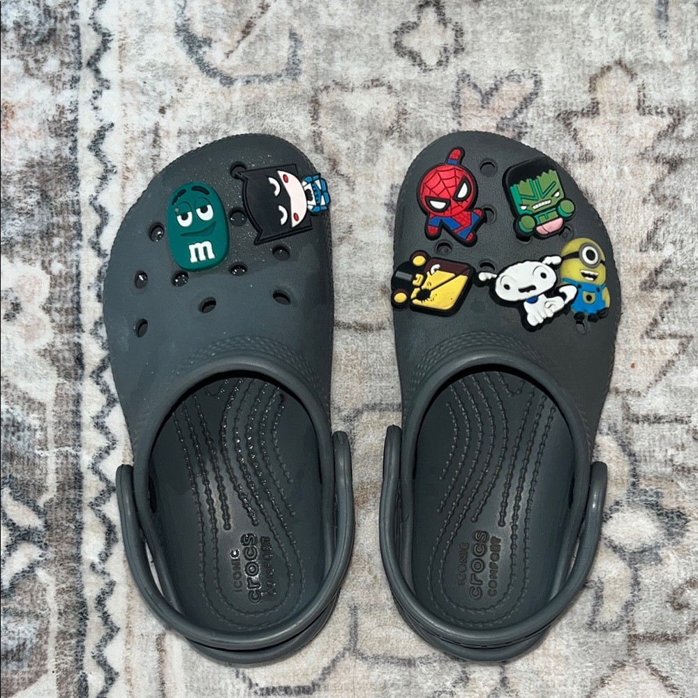 CROCS Kids Dark Gray Clogs with Character Jibbitz